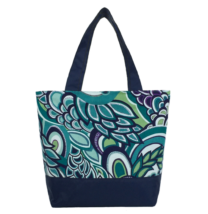 Teal Swirled Paisley with Waterproof Navy Nylon Ready-To-Ship Essential Tote Bag by Tutenago - The perfect women's oversized tote bag for work, beach, shopping or an everyday bag.