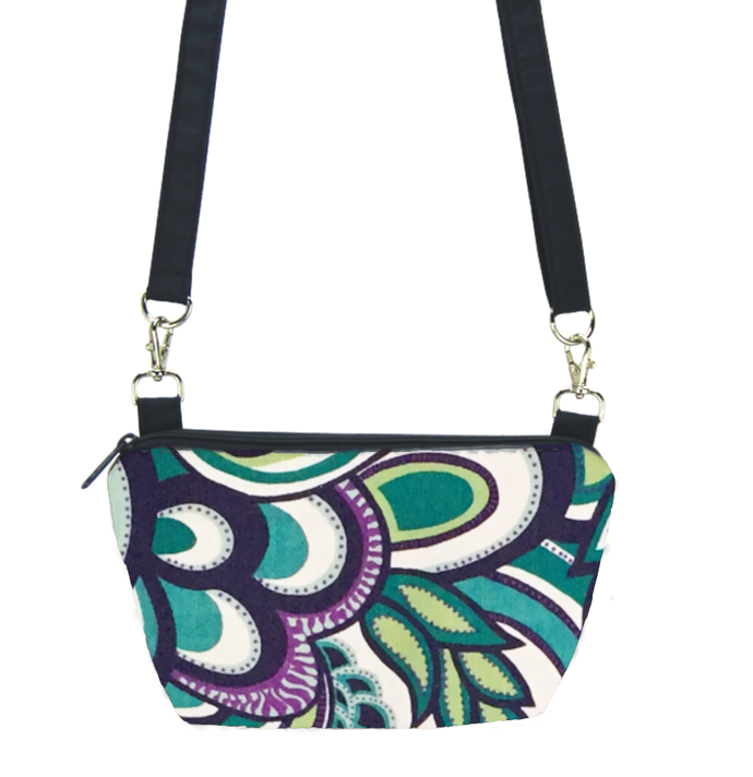 Teal Swirled Paisley with Navy Nylon Traveler Tote Crossbody Bag by Tutenago