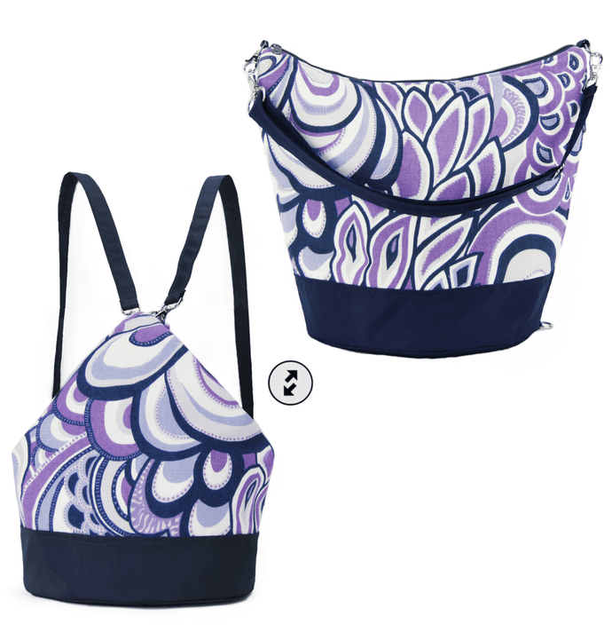 Purple Swirled Paisley with Navy Nylon Women's Convertible Hobo bag by Tutenago