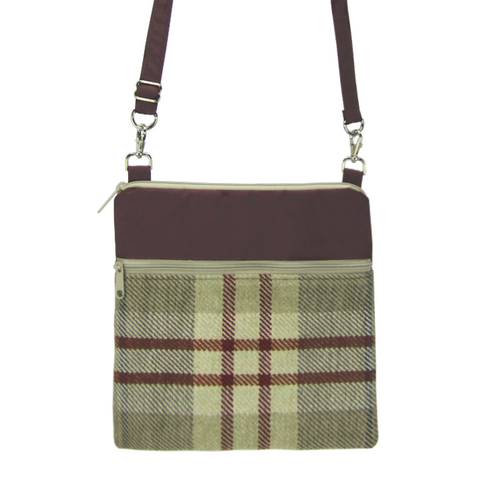 Tan Plaid with Waterproof Burgundy Nylon Ready-To-Ship Mini Square Crossbody Bag by Tutenago