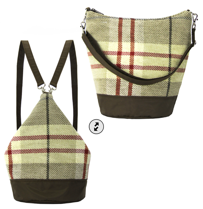 Tan Plaid with Waterproof Dark Brown Nylon Ready-To-Ship Women's Convertible Hobo bag by Tutenag