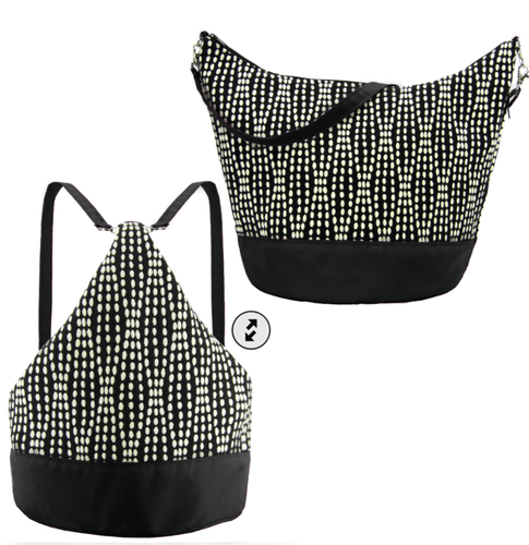 Black Wavy Dots with Black Nylon Women's Convertible Hobo bag by Tutenago