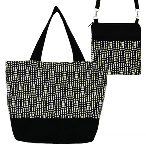 Black Wavy Dots Essential Tote Bag Set by Tutenago - The perfect women's oversized tote bag set to use as a diaper bag or beach bag with wet bag