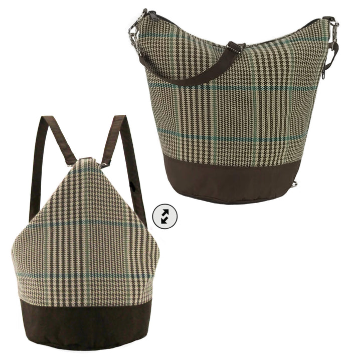 Tutenago Convertible Backpack Purse Handmade from Brown Waterproof Nylon and Upcycled Houndstooth Fabric