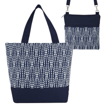 Load image into Gallery viewer, Navy Wavy Dots Essential Tote Bag Set by Tutenago - The perfect women&#39;s oversized tote bag set to use as a diaper bag or  beach bag with wet bag

