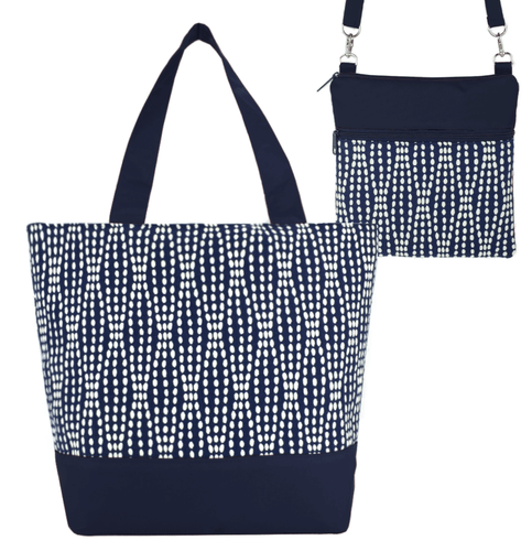 Navy Wavy Dots Essential Tote Bag Set by Tutenago - The perfect women's oversized tote bag set to use as a diaper bag or  beach bag with wet bag