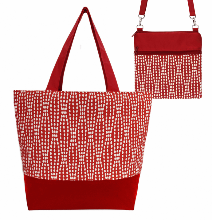 Wavy Dots in Red Essential Tote Bag Set by Tutenago - The perfect women's oversized tote bag for work, beach, shopping or an everyday bag.