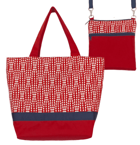 Wavy Dots in Red Essential Tote Bag Set with Navy Ribbon by Tutenago  