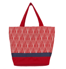 Load image into Gallery viewer, Wavy Dots in Red Essential Tote with Navy Ribbon by Tutenago - The perfect women&#39;s oversized tote bag for work, beach, shopping or an everyday bag.
