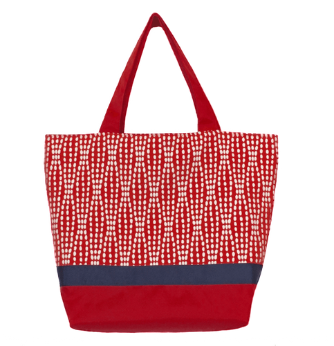 Wavy Dots in Red Essential Tote with Navy Ribbon by Tutenago - The perfect women's oversized tote bag for work, beach, shopping or an everyday bag.