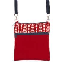 Load image into Gallery viewer, Wavy Dots in Red Mini Square Crossbody with Navy Zipper by Tutenago 
