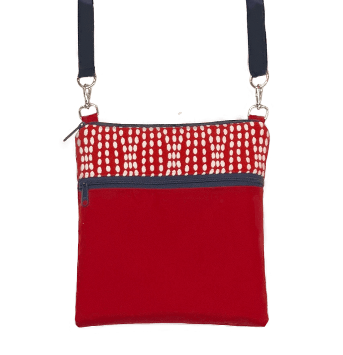 Wavy Dots in Red Mini Square Crossbody with Navy Zipper by Tutenago 