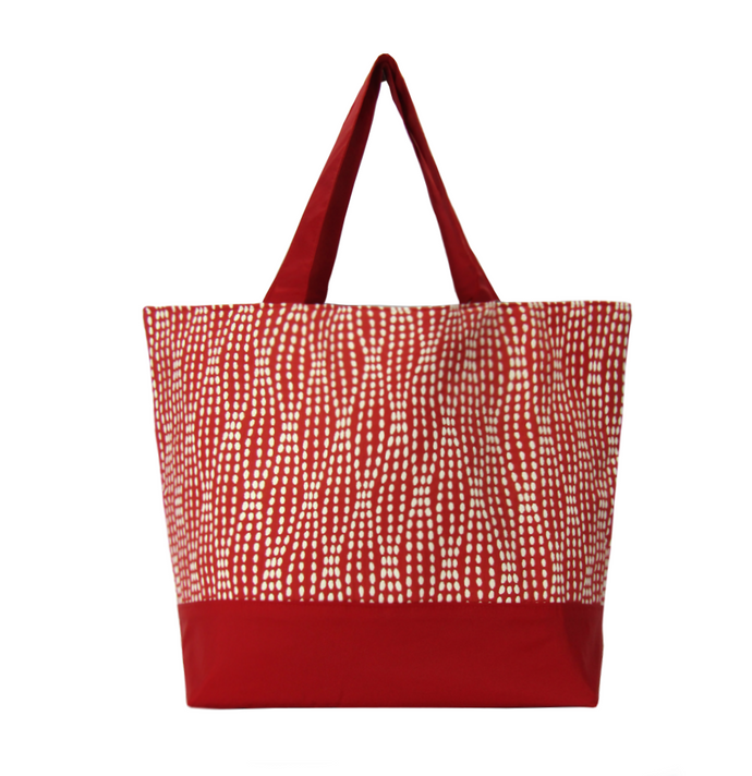 Red Wavy Dots with Red Waterproof Nylon Ready-To-Ship ssential Tote Bag by Tutenago - The perfect women's oversized tote bag for work, beach, shopping or an everyday bag.