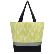 Load image into Gallery viewer, Yellow Wavy Dots Essential Tote Bag with Grey Ribbon and Black Nylon by Tutenago - The perfect women&#39;s oversized tote bag for work, beach, shopping or an everyday bag.
