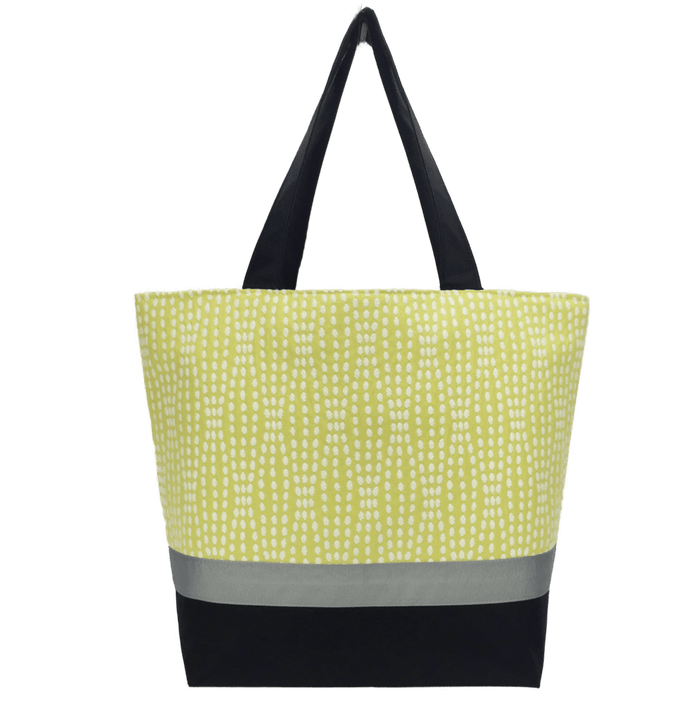 Yellow Wavy Dots Essential Tote Bag with Grey Ribbon and Black Nylon by Tutenago - The perfect women's oversized tote bag for work, beach, shopping or an everyday bag.