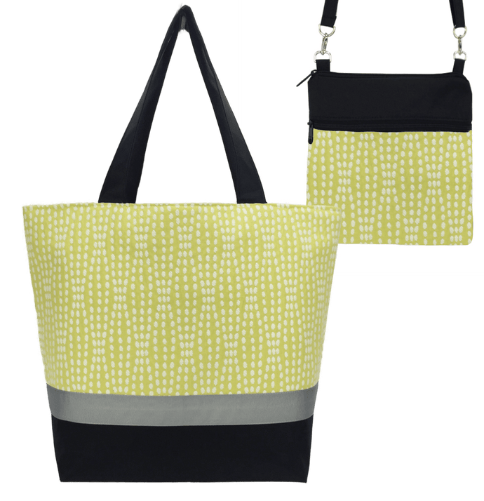 Yellow Wavy Dots Essential Tote Bag Set accented with Black Nylon by Tutenago 