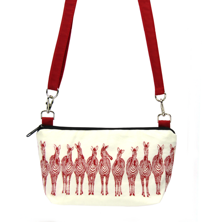 Zebra Fabric with Waterproof Red Nylon Ready-to-Ship Traveler Waist Bag and Small Crossbody Purse by Tutenago